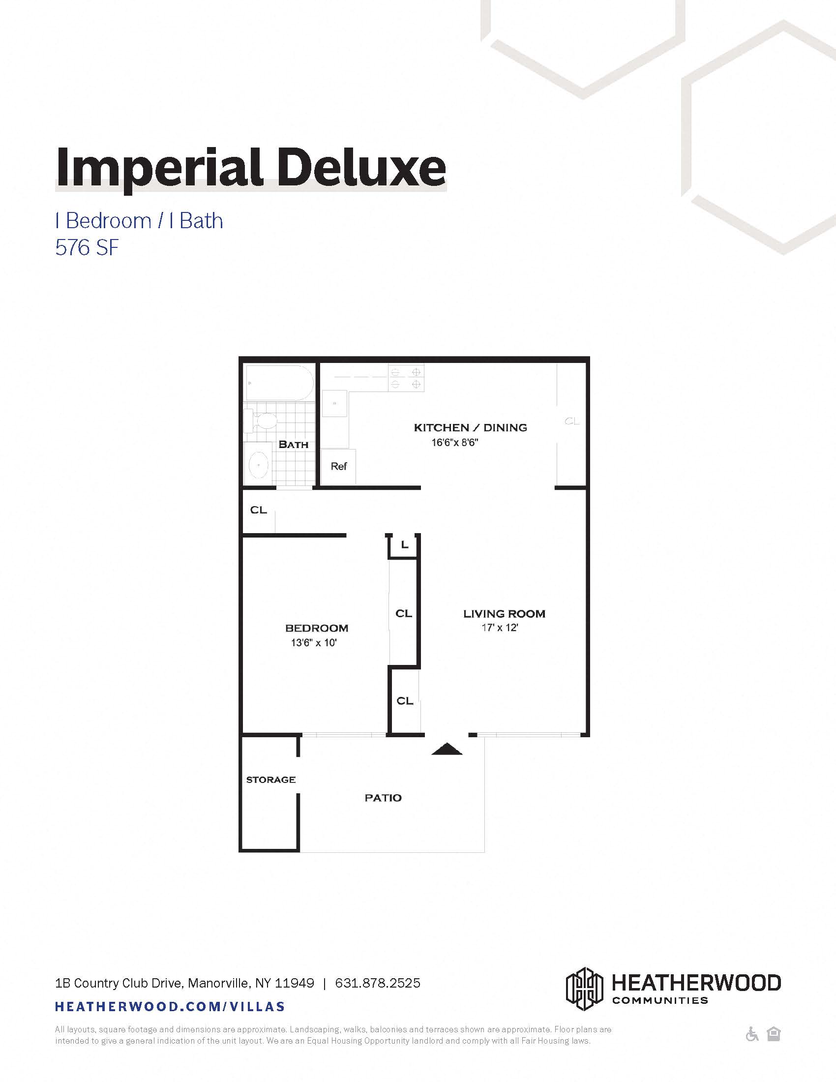 Floor plan for 1 bed, 1 bath, 576 sqft